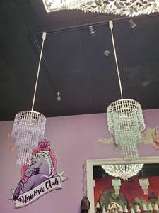 lot 2346 image: Purple Bead Chandelier, Light Blue Bead Chandelier
