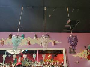 lot 2348 image: (3) Chandeliers- 1 Blue, 1 Clear, 1 Purple