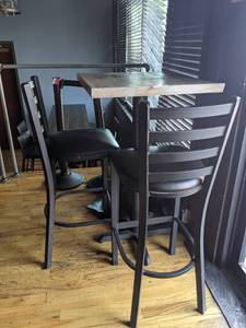 lot 2406 image: Light grey Wooden table w (2) metal black chairs