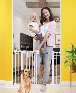 lot 5372 image: Baby Gates for Stairs and Doorways Dog Gates for The House, 30-40.5 inches - Indoor Safety Gates for Kids or Pets with Walk Through Door, Extra Wide Tall Metal Gate Pressure Mount Auto Close