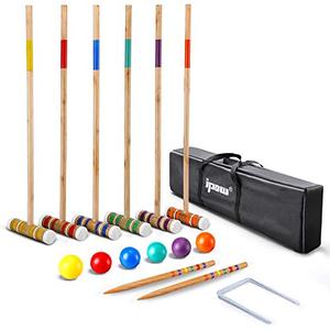 lot 5408 image: IPOW 32 Inch Six Player Croquet Set with Premium Hardwood Mallets, Colored Wooden Balls, Wickets, Stakes, Carry Bag for Both Adults & Kids Use - Outdoor Sports Yard Lawn Backyard Game Set