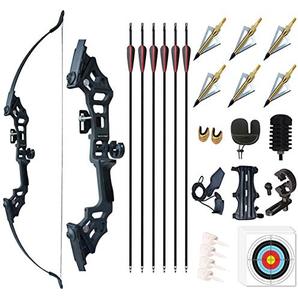lot 5416 image: Monleap Archery 51 Takedown Recurve Bow and Arrows Set for Adults Metal Riser Longbow Kit Right Hand Straight Bow for Beginner Hunting Shooting Practice 30 40 50lb (Black 50lb)