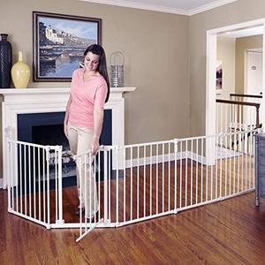 lot 5425 image: Toddleroo by North States 3 in 1 Metal Superyard 144 long extra wide baby gate, barrier or play yard. Hardware or freestanding. 6 panels, 10 sq.ft. enclosure (30 tall, Beige)