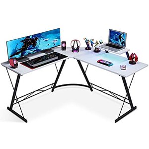 lot 5474 image: Coleshome L Shaped Desk, 51 Home Office Desk with Shelf, Gaming Computer Desk with Monitor Stand, PC Table Workstation with Shelf, White