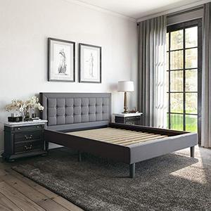 lot 5491 image: Classic Brands Mornington Upholstered Platform Bed  Headboard and Metal Frame with Wood Slat Support, Full, Dark Grey