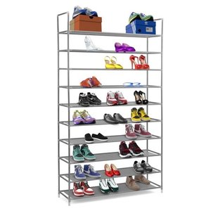 lot 5568 image: 10 Tier Stainless Steel Shoe Rack  Shoe Storage Stackable Shelves - Holds 50 Pairs Of Shoes - 35 X 11 X 69 - Gray