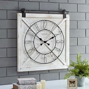 lot 5587 image: FirsTime & Co. Farmstead Barn Door Wall Clock, 29H x 27W, Whitewash, Metallic Gray, Black