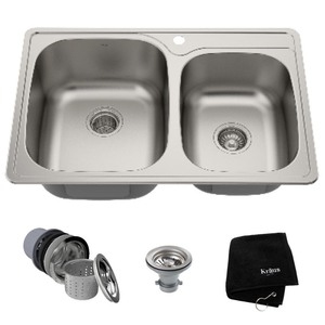 lot 1218 image: KRAUS  - 33 Inch Topmount 6040 Double Bowl 18 Gauge Stainless Steel Kitchen Sink with Noise Soundproofing - Retail $179.95
