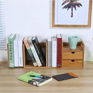 lot 22347 image: Maydear Bamboo Desk Bookshelf Expandable Desktop Organizer Table Top Bookcase, Extension Book Rack Adjustable with 2 Storage Drawers for Office and Home