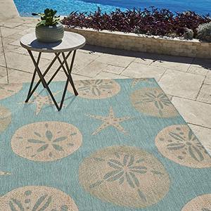 lot 22422 image: Gertmenian 21268 Nautical Tropical Outdoor Patio Rugs, 5x7 Standard, Sand Dollar Starfish Oasis Green