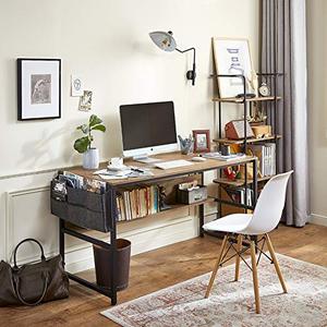 lot 22447 image: Linsy Home Computer Desk with Bookshelf and Storage Bag, 55 Inch Study Writing PC Laptop Table, Home Office Desk, Modern Simple Design, Wood