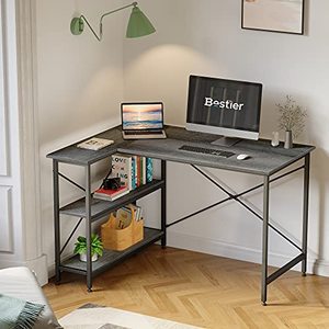lot 22470 image: Bestier Small L-Shaped Desk with Storage Shelves 47 Inch Corner Desk with Shelves Writing Desk Table with Storage Tower Shelf Home Office Desk for Small Spaces P2 Wood Easy Assemble (Gray, 47 Inch)