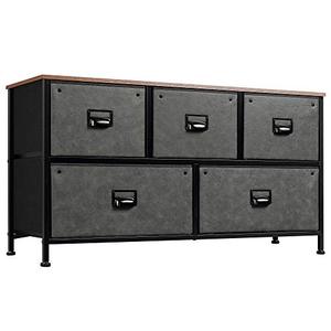lot 22557 image: WLIVE Dresser with 5 Drawers, Fabric Storage Tower, Industrial Dresser for Bedroom, Hallway, Entryway, Closets, Sturdy Steel Frame, Wood Top, Easy Pull Handle, Black