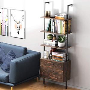 lot 22584 image: Industrial Ladder Shelf with 2 Drawers, 3-Tier Wall Mounted Bookcase Open Bookshelf, Wood Storage Rack with Metal Frame, Plant Flower Stand for Home, Living Room, Kitchen, Office