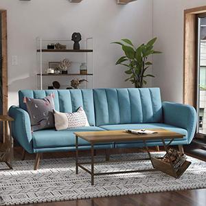lot 22613 image: Novogratz Brittany Sofa Futon - Premium Upholstery and Wooden Legs - Light Blue