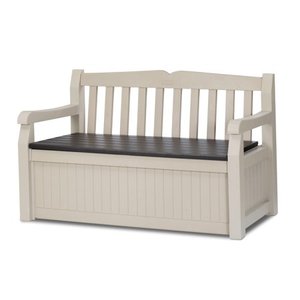 lot 22614 image: Keter Eden Outdoor Resin Storage Bench, All Weather Plastic Seating & Storage, 70 Gal, BeigeBrown