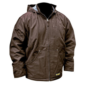 lot 22657 image: DEWALT DCHJ076ATB-2X Heated Heavy Duty Work Coat Jacket, Brown, 2XL, Bare MISSING BATTERY and charging cord