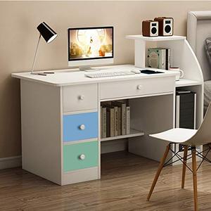 lot 22685 image: Computer Desk with 4 Drawers Modern Writing Desk Pc Laptop Table Sturdy Office Desk Workstation with Bookshelf Host Storage White-BlueGreen