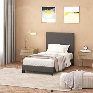 lot 22724 image: FURINNO Laval Button Tufted Upholstered Platform Bed - Twin (Stone) ITEM NOT FULLY INSPECTED OUTSIDE OF BOX