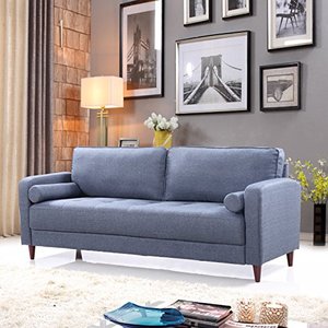 lot 22769 image: Mid Century Modern Linen Fabric Living Room Sofa (Dark Blue)