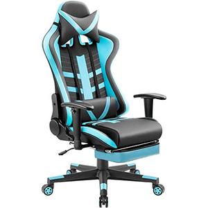 lot 22786 image: Homall Ergonomic High-Back Racing Chair  Leather Bucket Seat, Headrest, Footrest and Lumbar Support  Black & Blue