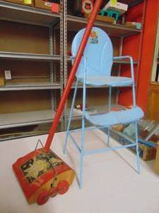 lot 3244 image: Susy Goose Sweeper and Blue Metal Doll Chair