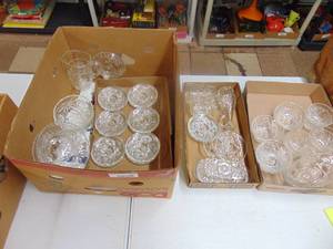 lot 3305 image: Clear Cut Glassware Plates, Bowls, Vinegar