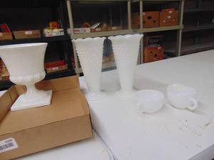 lot 3306 image: Milk Glass Vases 12, Cream and Sugar
