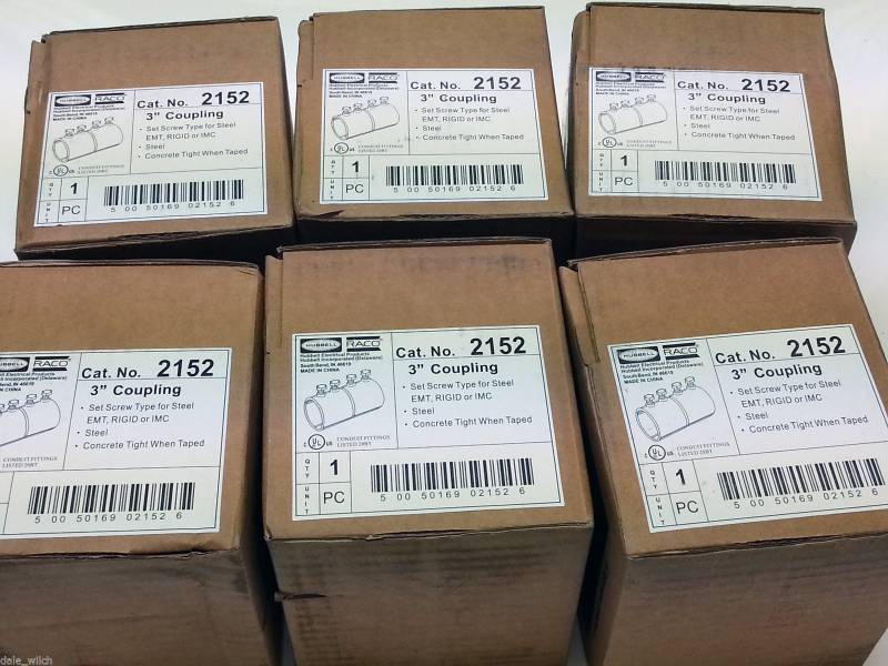 lot 9084 image: 6 pack Hubble Raco electrical 3 Steel EMT Rigid or IMC set screw couplers 2152