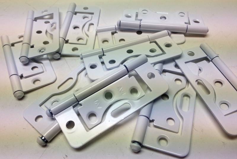 lot 9110 image: New set of 10 non mortise White baked enamel 3 X 1 cabinet hinges with 360 degrees of operation.