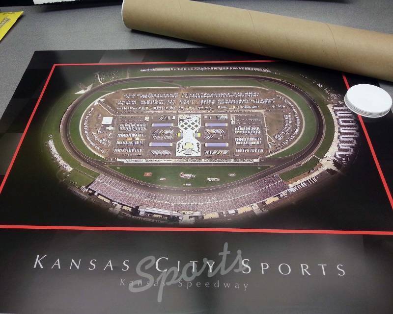 lot 9119 image: New Aerial color photograph poster of opening race day at Kansas Speedway Jeff Gordon won