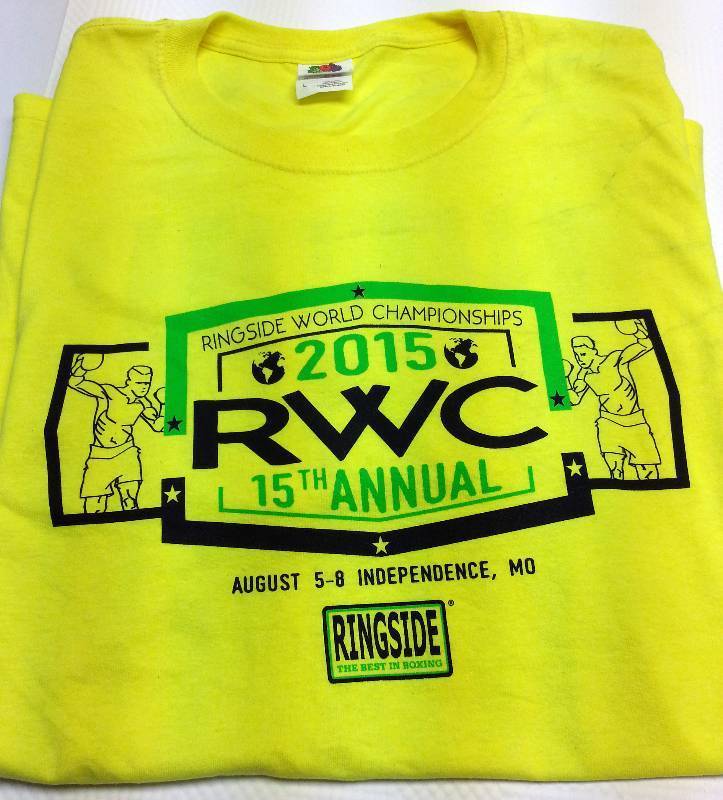 lot 9143-2 image: Wild looking Size Large Yellow 2015 Ringside Boxing World Championships T Shirt from the event held in Independence Missouri.
