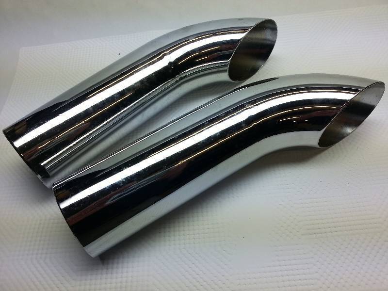 lot 9155 image: New pair (2) of these 3 inch OD 13 inch overall length chrome turn down exhaust tips for your hot rod.