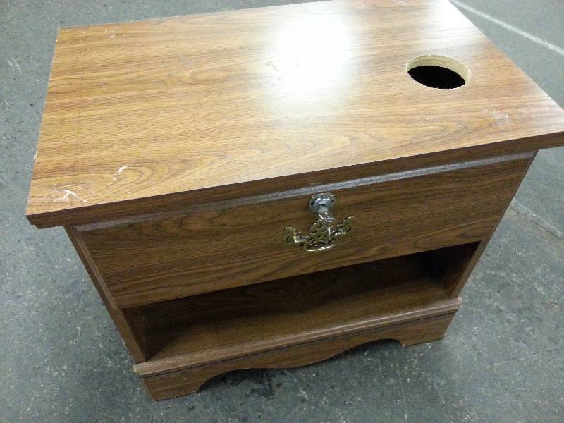 lot 1830 image: Night stand with a drawer and hole in the top.  Hold your beer or maybe an ashtray hole.