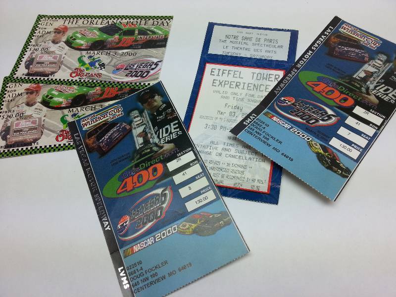 lot 1849 image: Nascar Souvenir ticket stubs from 2000 Las Vegas with ticket to the Eifefel Tower Experience