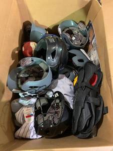lot 64974 image: Assorted Box of Sporting Goods. HelmetsJerseyShin Gaurds