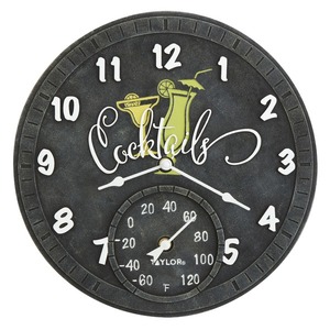 lot 66976 image: 14 in. Cocktails Poly Resin Clock with Thermometer Gray & White