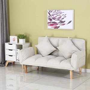 lot 67025 image: icozy Futon Sofa Bed, Simplicity Nordic Sofa Couch, Convertible Recliner Lounge Futon Couch, Folding Armrest, Wooden Legs, Modern Sofa for Living Room with 2 Pillows AS IS