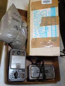 lot 37511 image: Foot Creepers for shoes in ice or difficult terrain, Hamilton Beach power source, United Television Labs Meter & Teflon powder