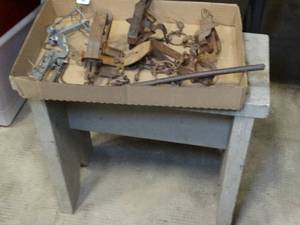 lot 37537 image: Collection of Vintage Animal Traps & Sturdy Work Table