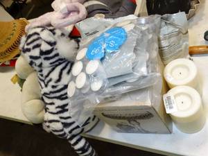 lot 37610 image: Lot of Stuffed Animals, Candles, and  Diamond Point Tall Footed Compote Dish