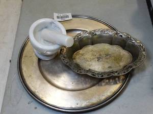 lot 37624 image: Marble Mortar & Pestle with Silver Plate Trays