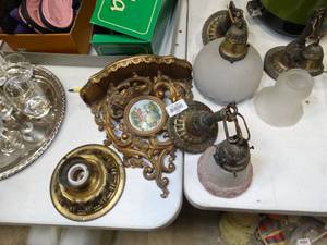 lot 37660 image: Antique Light Fixtures from old College Hill home & small Victorian style wall shelf
