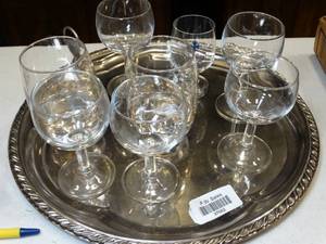 lot 37662 image: Pewter Piece, Silver Plate Serving Tray & Set of Smaller Wine Glasses