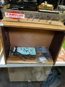 lot 37663 image: Primitive Display Box with Glass Front and includes Fishermans Ruler & Hardware Pieces