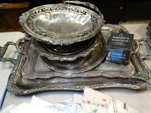 lot 37672 image: Silver Plate Trays - Lot of Small & Large with Silver Cleaner