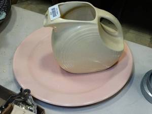 lot 37680 image: Vintage Fiesta Pitcher in Off-white and Pastel Pink Platter with no marking