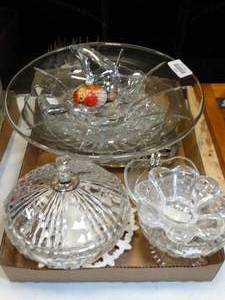 lot 37694 image: Cut Glass Crystal Pieces - Lidded Candy Dish - Bird with Glass Eggs & Bowls