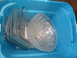 lot 37706 image: Pyrex Glass Casserole Dishes & Plastic Cut-glass look Punch Bowl or Large Serving Bowl