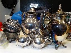 lot 37731 image: Silver Plate Service Lot - Beverage Pitchers - Cream  Sugar and more
